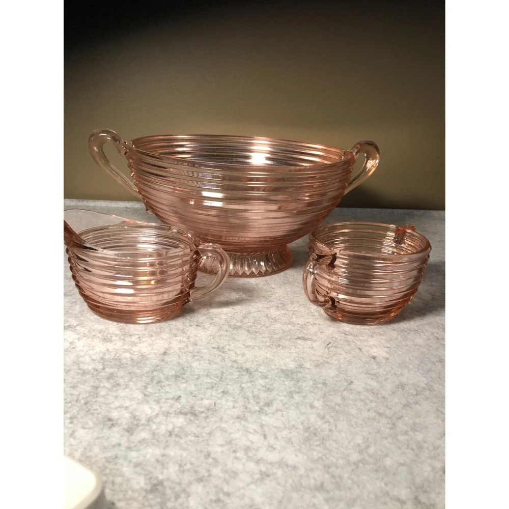 VTG Anchor Hocking Manhattan Pink Ribbed Depression Glass Bowl & Creamer & Sugar